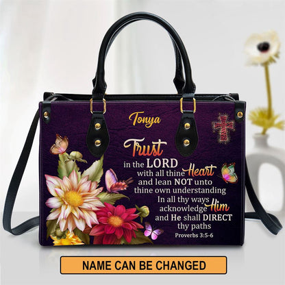 Christian Handbags, Personalized Proverbs 35-6 Trust In The Lord With All Thine Heart Flower And Cross Leather Handbag, Christian Bag