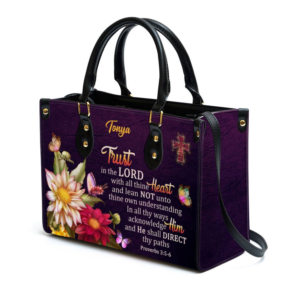 Christian Handbags, Personalized Proverbs 35-6 Trust In The Lord With All Thine Heart Flower And Cross Leather Handbag, Christian Bag