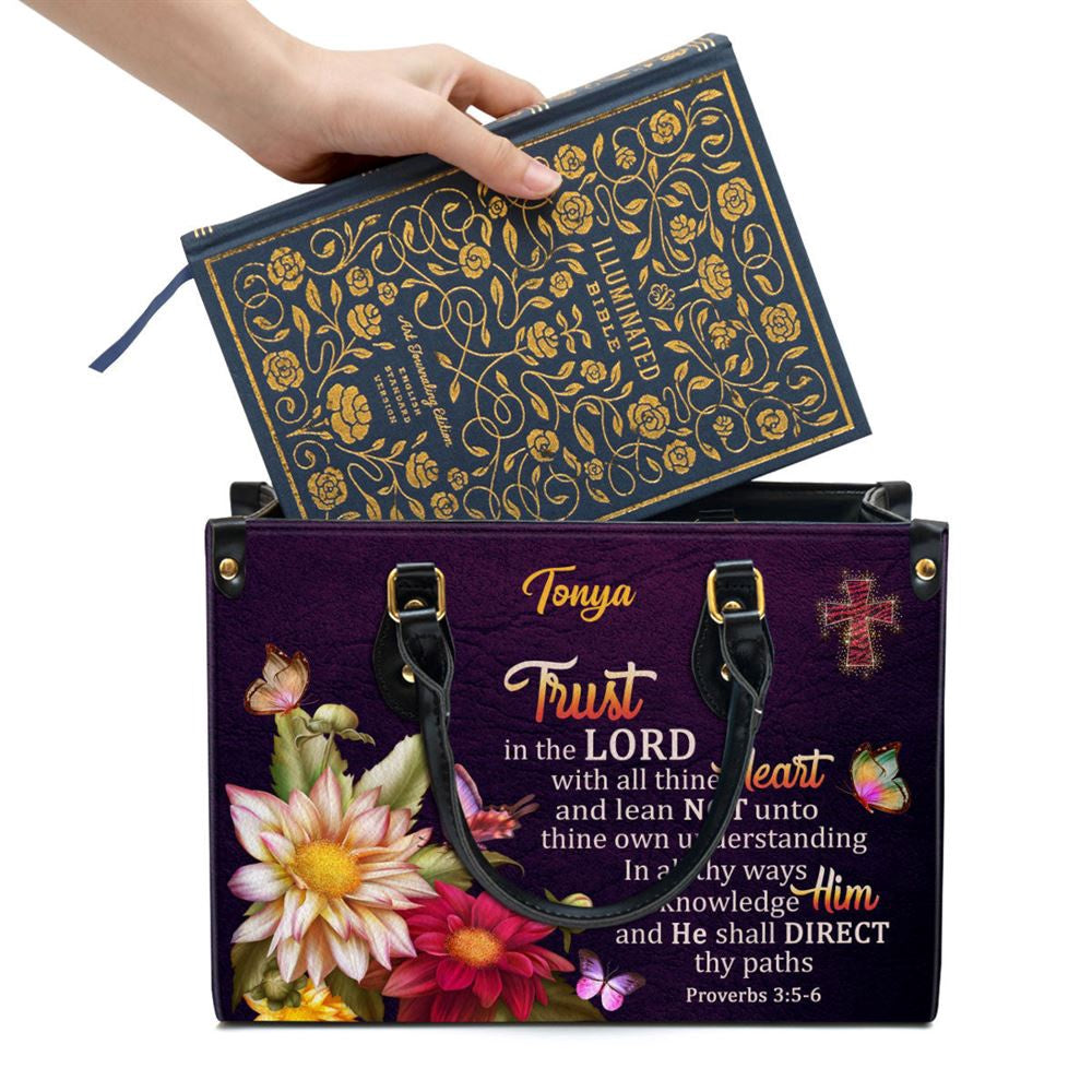 Christian Handbags, Personalized Proverbs 35-6 Trust In The Lord With All Thine Heart Flower And Cross Leather Handbag, Christian Bag