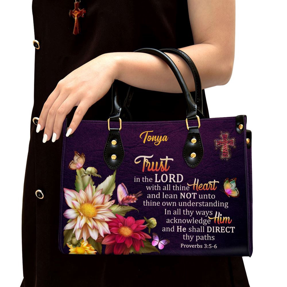 Christian Handbags, Personalized Proverbs 35-6 Trust In The Lord With All Thine Heart Flower And Cross Leather Handbag, Christian Bag