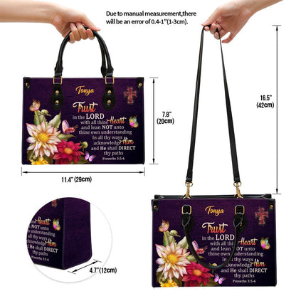 Christian Handbags, Personalized Proverbs 35-6 Trust In The Lord With All Thine Heart Flower And Cross Leather Handbag, Christian Bag