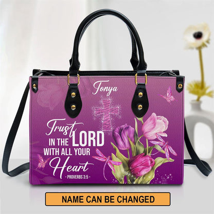 Christian Handbags, Personalized Purple Leather Handbag Trust In The Lord With All Your Heart Proverbs 35 Tulip And Cross, Christian Bag