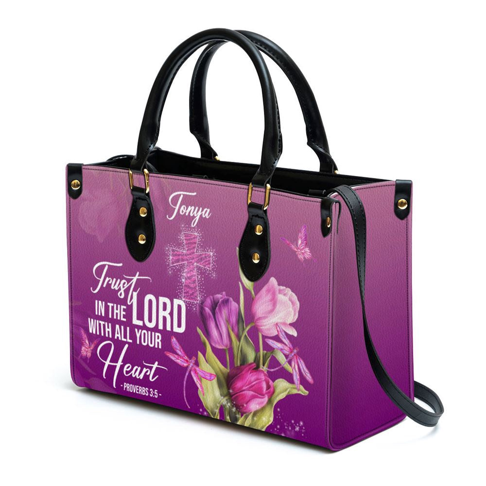 Christian Handbags, Personalized Purple Leather Handbag Trust In The Lord With All Your Heart Proverbs 35 Tulip And Cross, Christian Bag