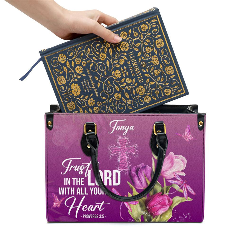 Christian Handbags, Personalized Purple Leather Handbag Trust In The Lord With All Your Heart Proverbs 35 Tulip And Cross, Christian Bag