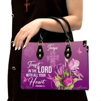 Christian Handbags, Personalized Purple Leather Handbag Trust In The Lord With All Your Heart Proverbs 35 Tulip And Cross, Christian Bag