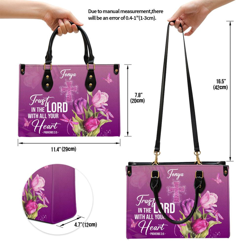 Christian Handbags, Personalized Purple Leather Handbag Trust In The Lord With All Your Heart Proverbs 35 Tulip And Cross, Christian Bag