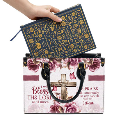 Christian Handbags, Personalized Rose & Cross Psalm 341 I Will Bless the Lord At All Times Leather Handbag, Leather Bible Handbag, Christian Bag