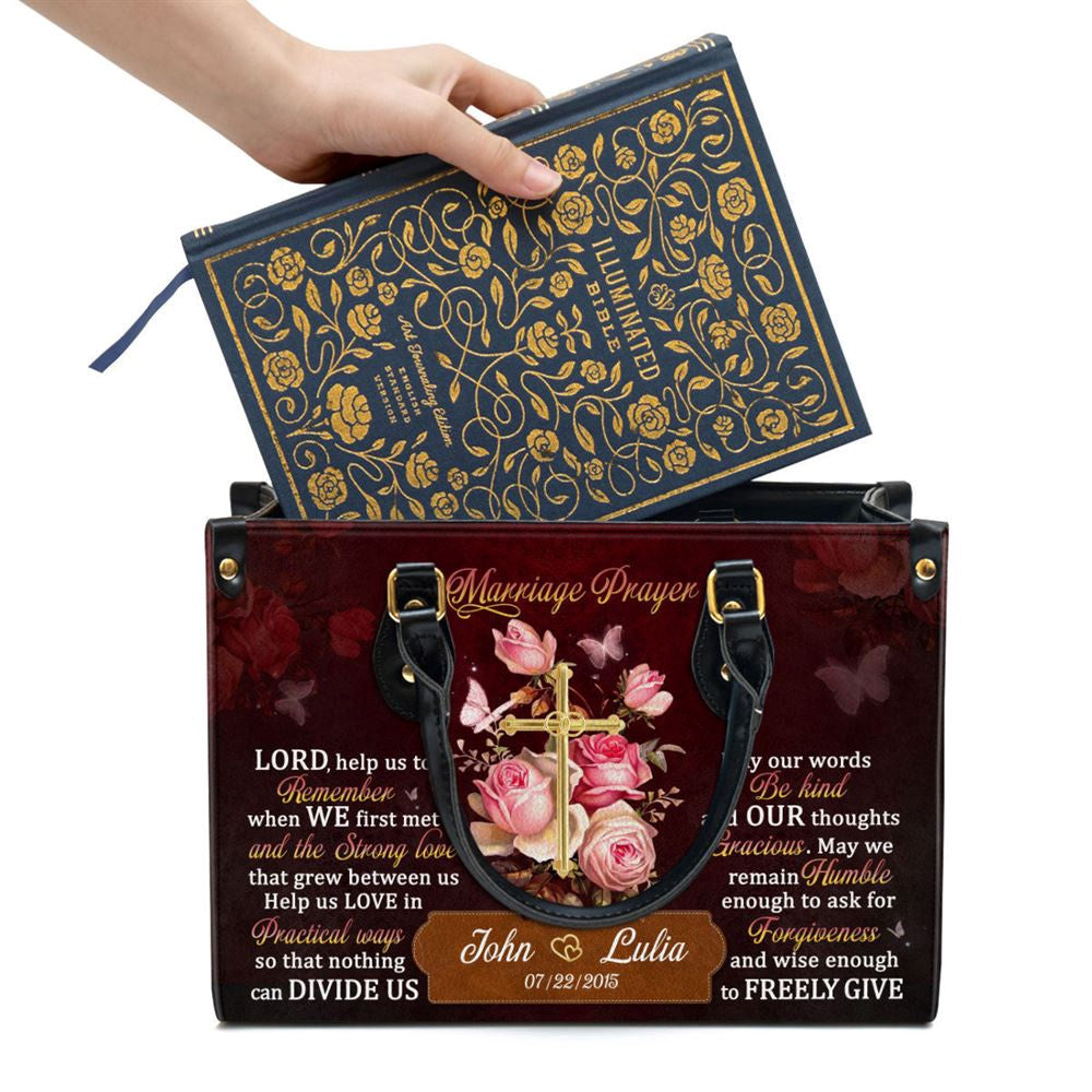 Christian Handbags, Personalized Roses And Cross Marriage Prayer Leather Handbag With Handle Christian Valentine Gifts, Christian Bag