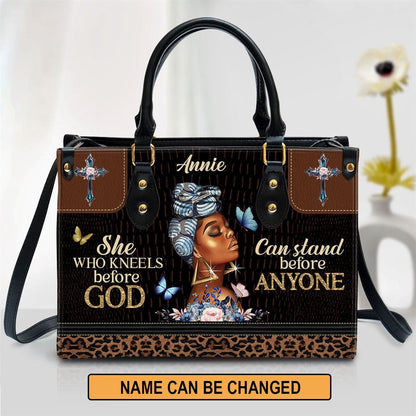 Christian Handbags, Personalized She Who Kneels Before God Can Stand Before Anyone Leather Handbag, Religious Bag, Christian Bag