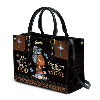Christian Handbags, Personalized She Who Kneels Before God Can Stand Before Anyone Leather Handbag, Religious Bag, Christian Bag