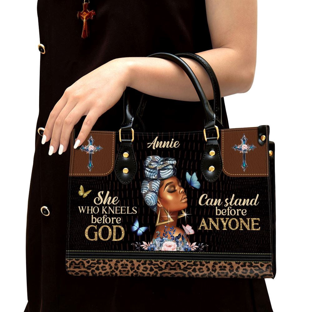 Christian Handbags, Personalized She Who Kneels Before God Can Stand Before Anyone Leather Handbag, Religious Bag, Christian Bag