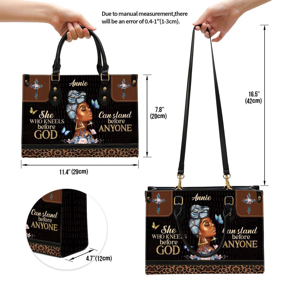 Christian Handbags, Personalized She Who Kneels Before God Can Stand Before Anyone Leather Handbag, Religious Bag, Christian Bag