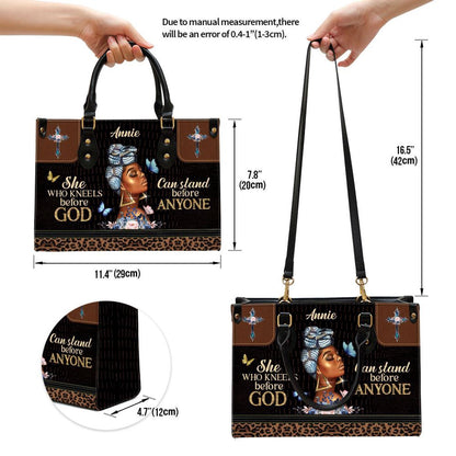 Christian Handbags, Personalized She Who Kneels Before God Can Stand Before Anyone Leather Handbag, Religious Bag, Christian Bag