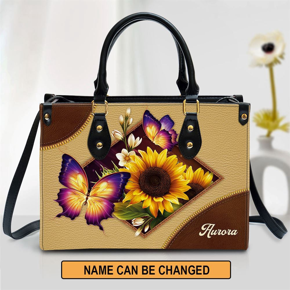 Christian Handbags, Personalized Sunflower And Butterfly Leather Handbag, Gifts Of God, Religious Bag, Christian Bag