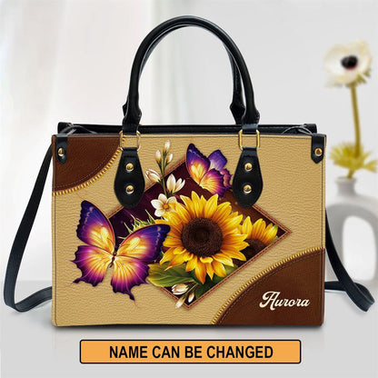 Christian Handbags, Personalized Sunflower And Butterfly Leather Handbag, Gifts Of God, Religious Bag, Christian Bag