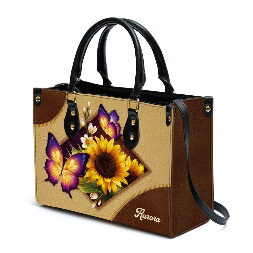 Christian Handbags, Personalized Sunflower And Butterfly Leather Handbag, Gifts Of God, Religious Bag, Christian Bag