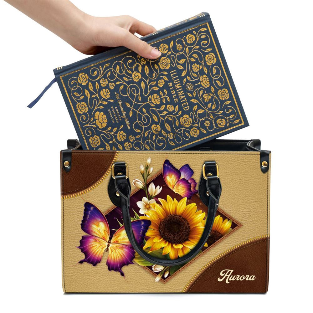 Christian Handbags, Personalized Sunflower And Butterfly Leather Handbag, Gifts Of God, Religious Bag, Christian Bag
