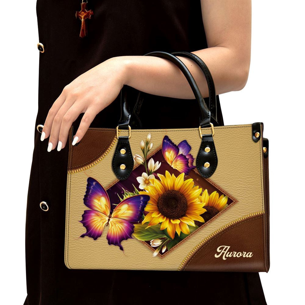 Christian Handbags, Personalized Sunflower And Butterfly Leather Handbag, Gifts Of God, Religious Bag, Christian Bag