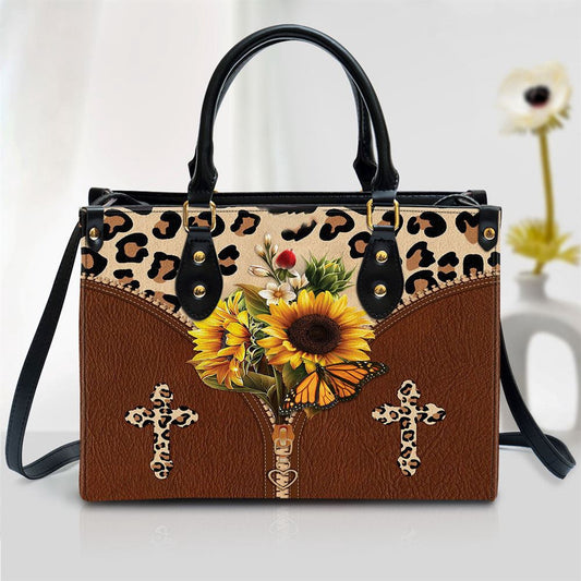 Christian Handbags, Personalized Sunflower Cross Leather Handbag, Religious Bag, Christian Bag