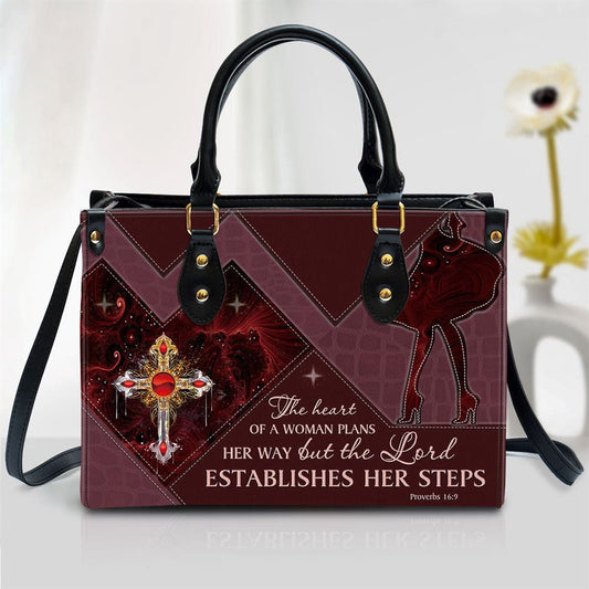 Christian Handbags, Personalized The Lord Establishes Her Steps Cross Leather Handbag, Religious Bag, Christian Bag