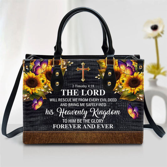 Christian Handbags, Personalized The Lord Will Rescue Me From Every Evil Deed Beautiful Sunflower Leather Handbag, Religious Bag, Christian Bag