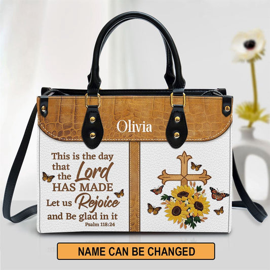 Christian Handbags, Personalized This Is The Day That The Lord Has Made Leather Handbag, Custom Name Cross Leather Handbag, Christian Bag