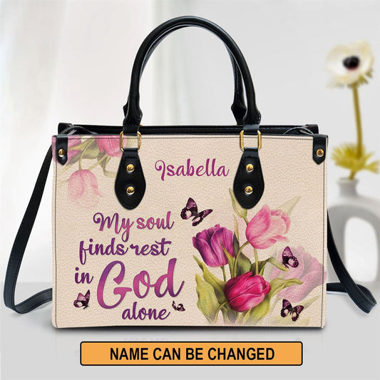 Christian Handbags, Personalized Tulip & Butterfly My Soul Find Rest In God Alone Leather Handbag, Religious Bag, Christian Bag