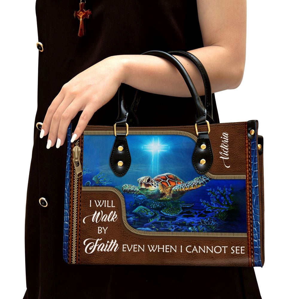 Christian Handbags, Personalized Turtle Leather Handbag I Will Walk By Faith Even When I Cannot See, Religious Bag, Christian Bag