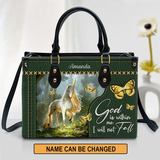 Christian Handbags, Personalized Unicorn God Is Within Me I Will Not Fall Leather Handbag, Religious Bag, Christian Bag