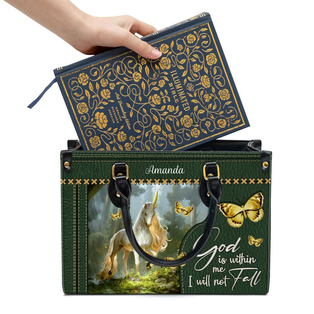 Christian Handbags, Personalized Unicorn God Is Within Me I Will Not Fall Leather Handbag, Religious Bag, Christian Bag