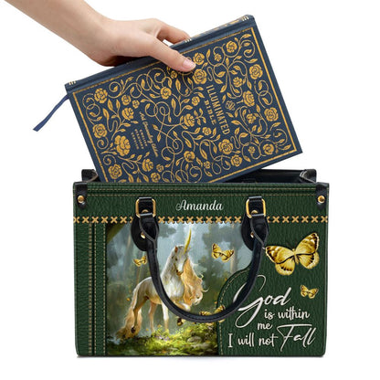Christian Handbags, Personalized Unicorn God Is Within Me I Will Not Fall Leather Handbag, Religious Bag, Christian Bag