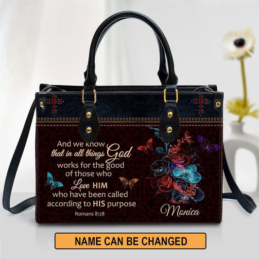 Christian Handbags, Personalized We Know That In All Things God Works Leather Handbag, Religious Bag, Christian Bag
