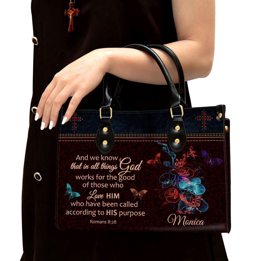 Christian Handbags, Personalized We Know That In All Things God Works Leather Handbag, Religious Bag, Christian Bag
