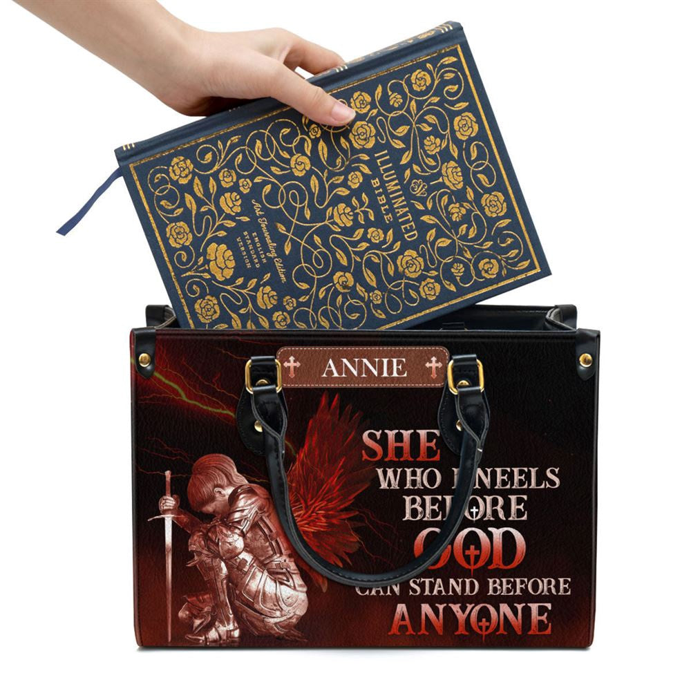 Christian Handbags, Personalized Who Kneels Before God Can Stand Before Anyone Leather Handbag, Religious Bag, Christian Bag