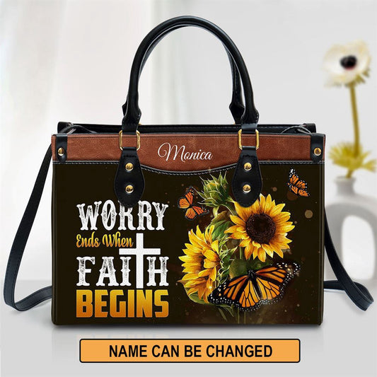 Christian Handbags, Personalized Worry Ends When Faith Begins Butterfly Leather Handbag, Religious Bag, Christian Bag