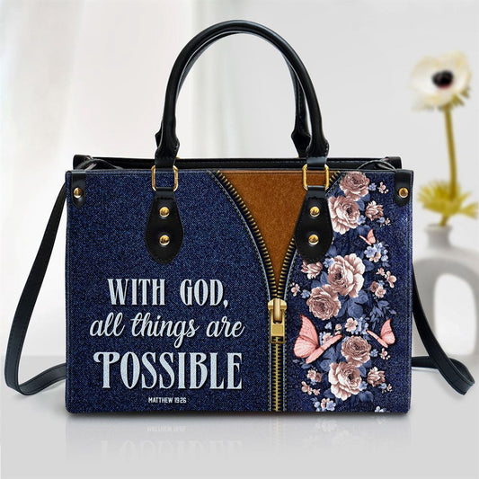 Christian Handbags, Personalized Zippered Leather Handbag With Handle With God All Things Are Possible Matthew 1926 Christ, Christian Bag