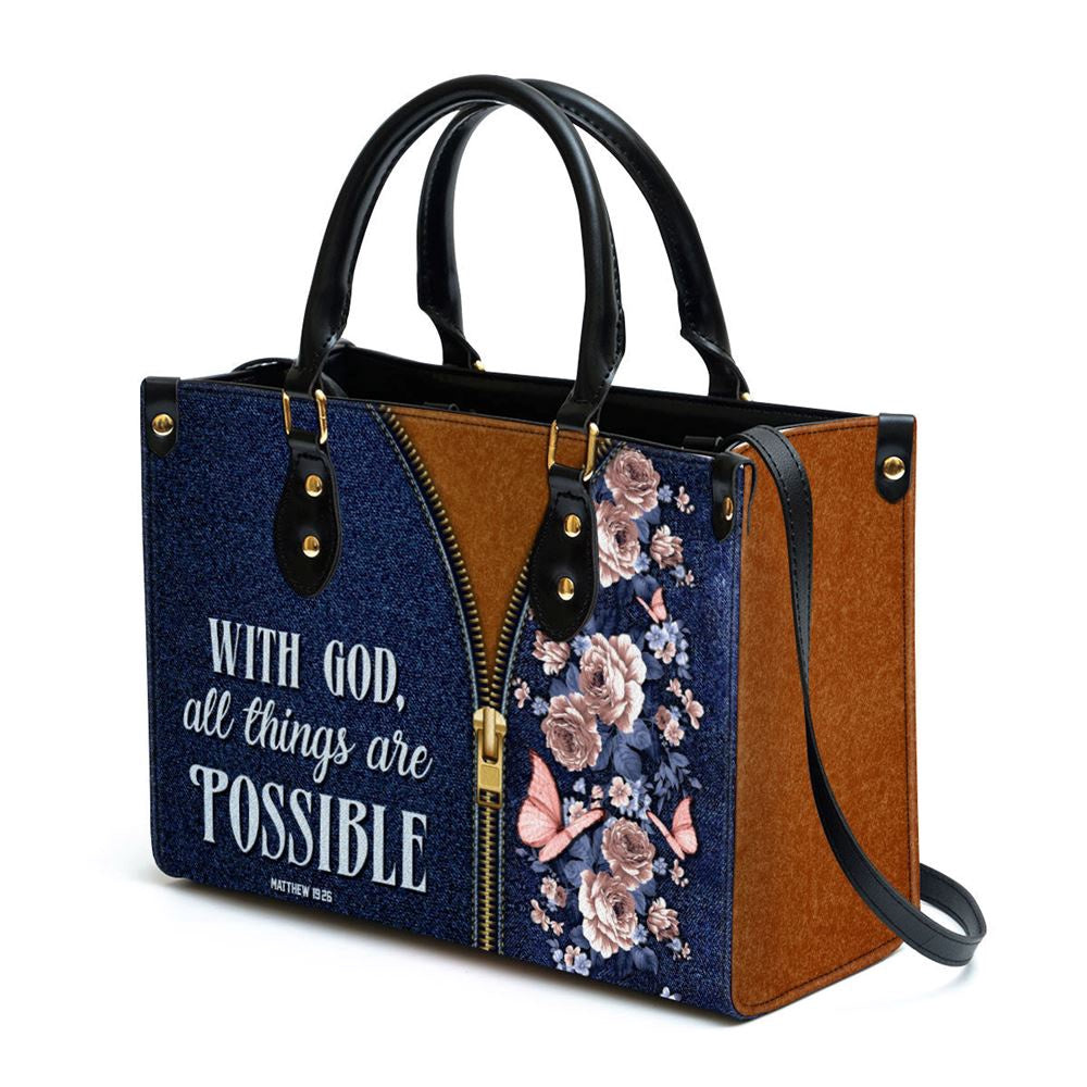 Christian Handbags, Personalized Zippered Leather Handbag With Handle With God All Things Are Possible Matthew 1926 Christ, Christian Bag