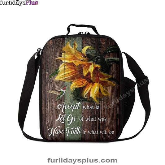 Christian Lunch Bag, Accept Let Go Have Faith Sunflower Hummingbird Lunchbag, Lunch Bag, Lunch Bags For Adults