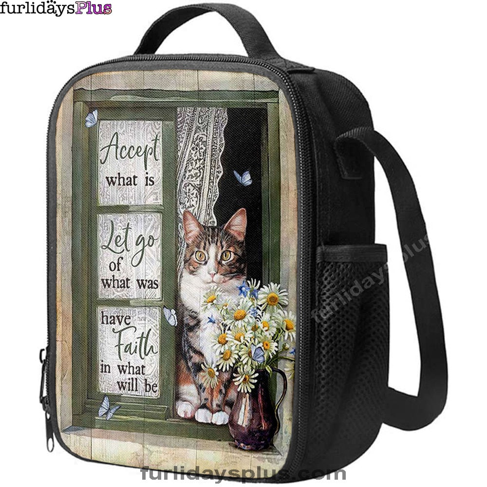 Christian Lunch Bag, Accept What Is Let Go Lunchbag, Angry Cat Daisy Vase Green Window Lunch Bag, Lunch Bag, Lunch Bags For Adults