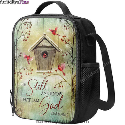 Christian Lunch Bag, Be Still And Know That I Am God Birdhouse Red Cardinal Lunch Bag, Lunch Bag, Lunch Bags For Adults