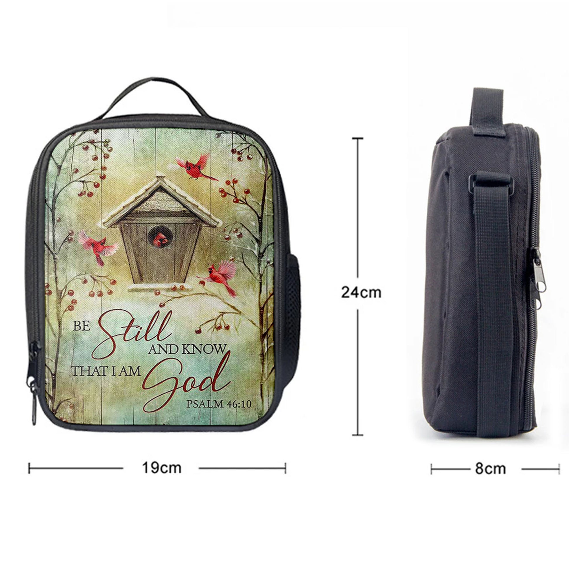 Christian Lunch Bag, Be Still And Know That I Am God Birdhouse Red Cardinal Lunch Bag, Lunch Bag, Lunch Bags For Adults