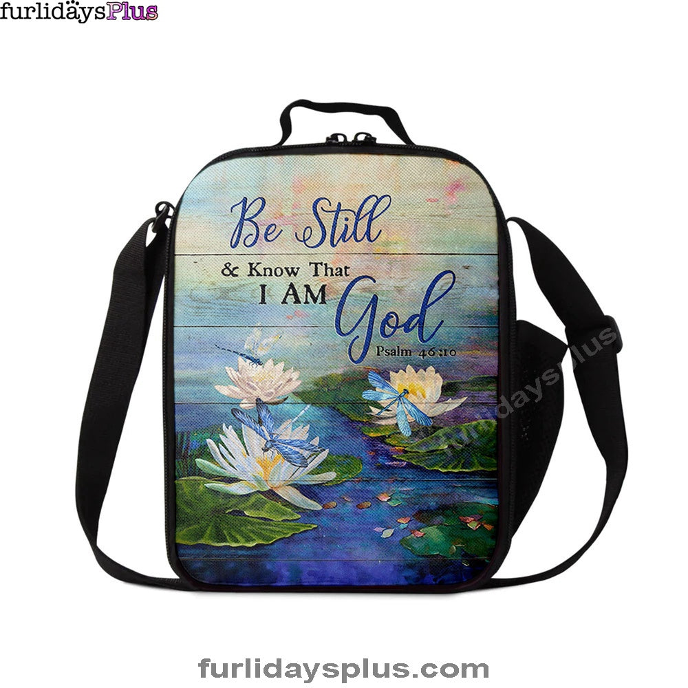 Christian Lunch Bag, Be Still And Know That I Am God Lotus Dragonfly Lunchbag, Lunch Bag, Lunch Bags For Adults