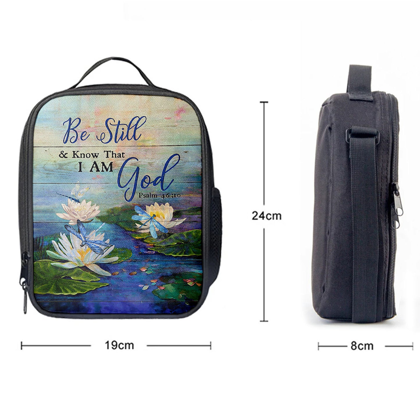 Christian Lunch Bag, Be Still And Know That I Am God Lotus Dragonfly Lunchbag, Lunch Bag, Lunch Bags For Adults