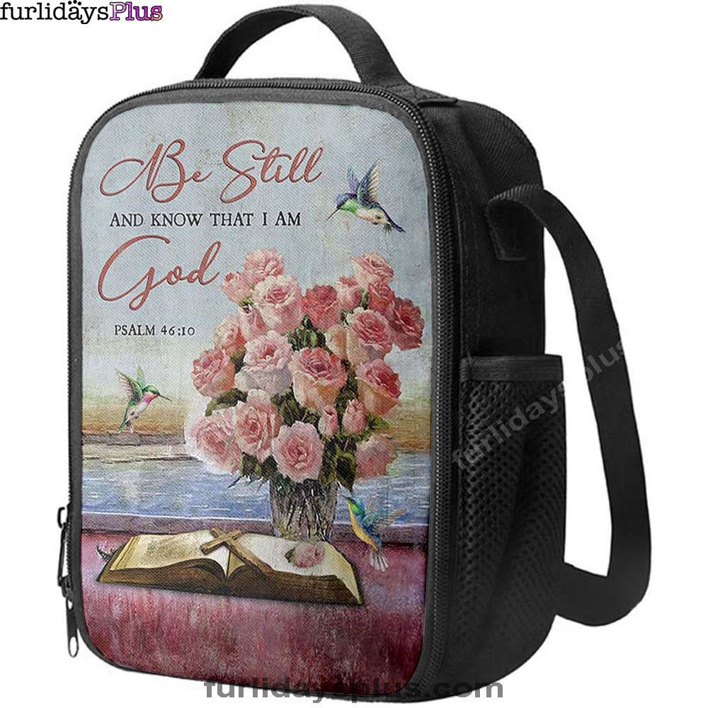 Christian Lunch Bag, Be Still And Know That I Am God Rose Vase Hummingbird Lunchbag, Lunch Bag, Lunch Bags For Adults