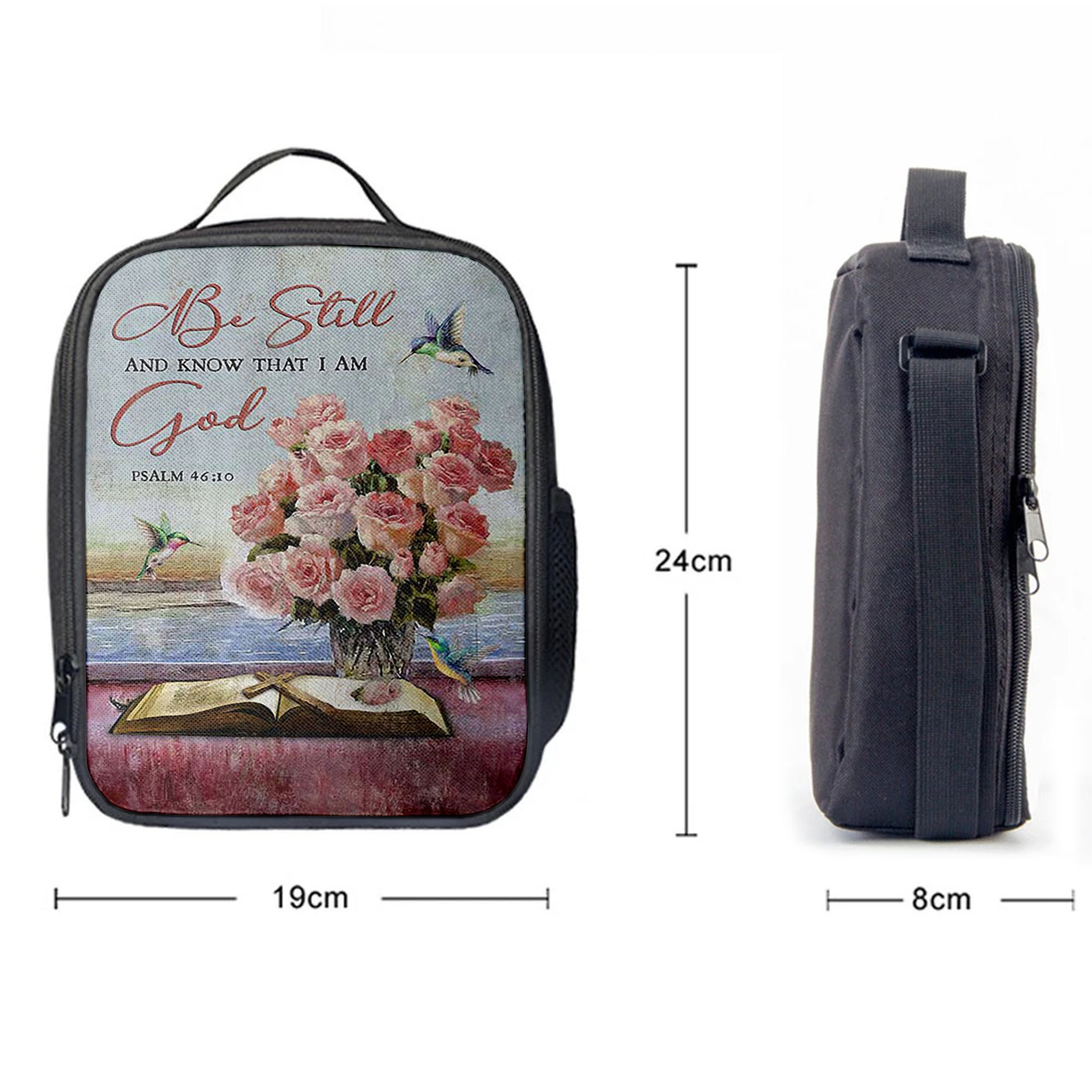 Christian Lunch Bag, Be Still And Know That I Am God Rose Vase Hummingbird Lunchbag, Lunch Bag, Lunch Bags For Adults