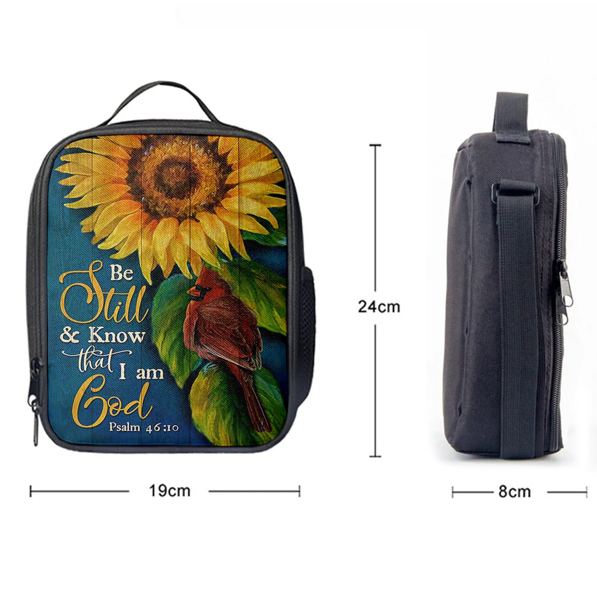 Christian Lunch Bag, Be Still And Know That I Am God Sunflower Cardinal Lunchbag, Lunch Bag, Lunch Bags For Adults