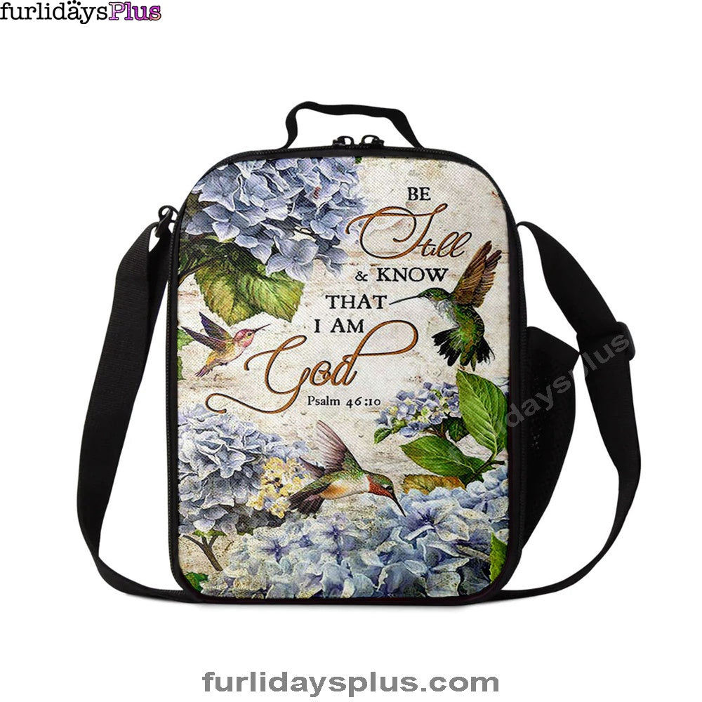 Christian Lunch Bag, Be Still & Know That I Am God Blue Hydrangea Hummingbird Lunch Bag, Lunch Bag, Lunch Bags For Adults
