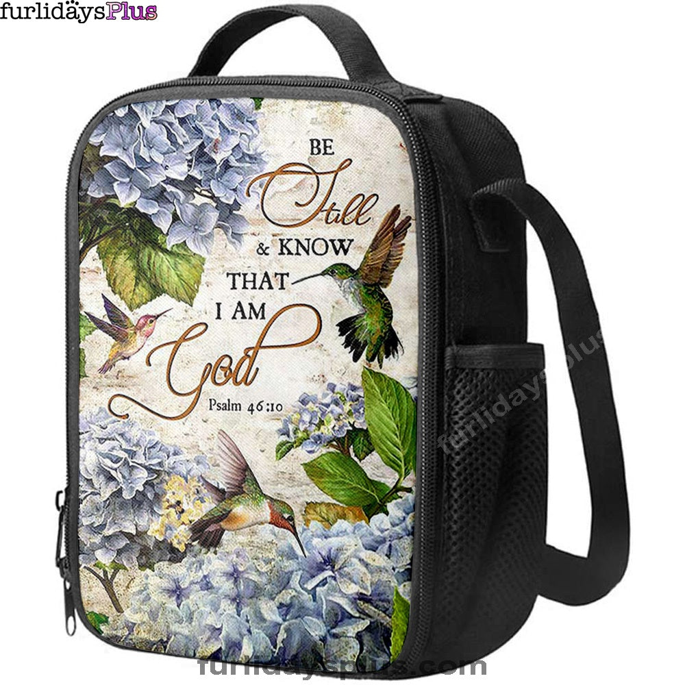 Christian Lunch Bag, Be Still & Know That I Am God Blue Hydrangea Hummingbird Lunch Bag, Lunch Bag, Lunch Bags For Adults