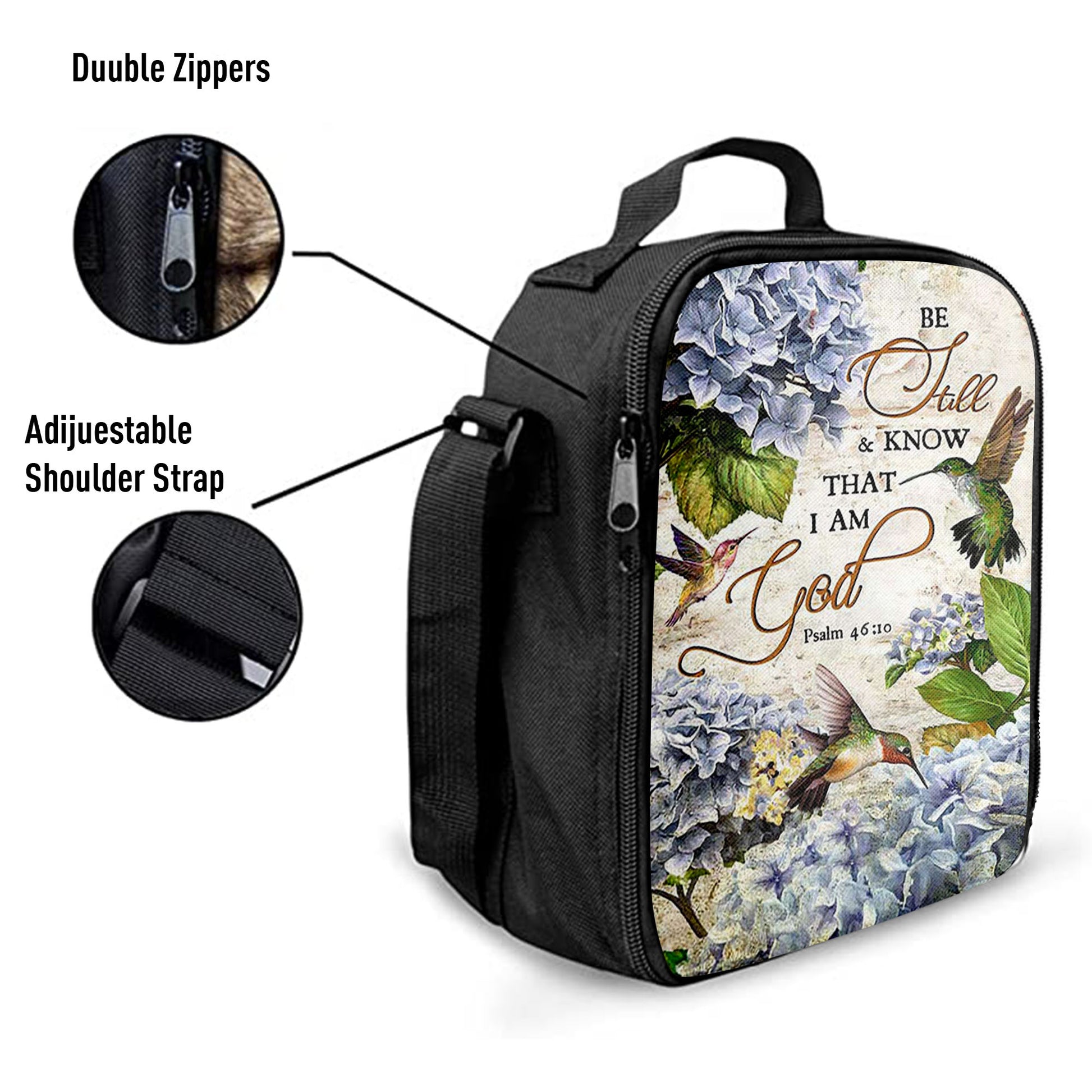 Christian Lunch Bag, Be Still & Know That I Am God Blue Hydrangea Hummingbird Lunch Bag, Lunch Bag, Lunch Bags For Adults