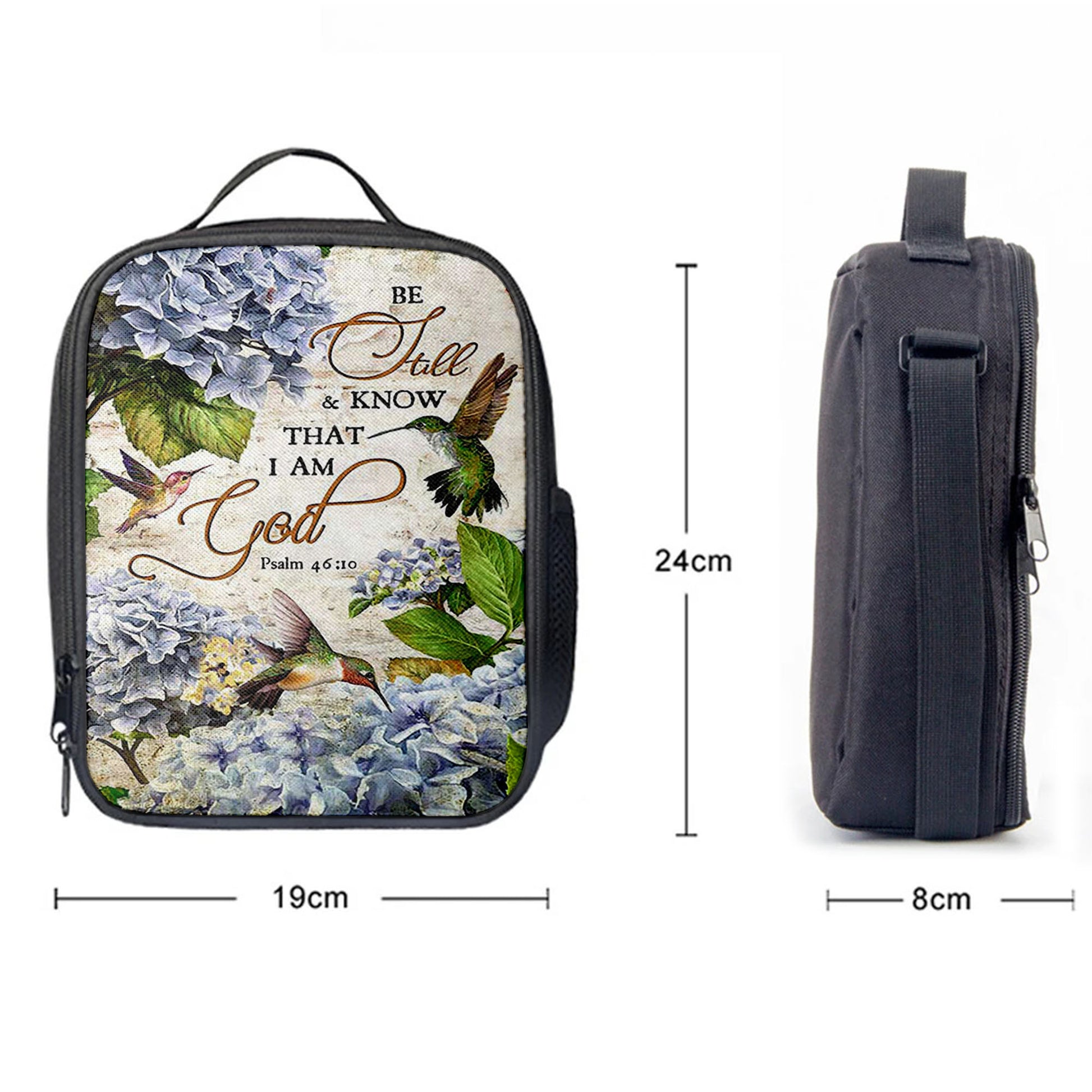 Christian Lunch Bag, Be Still & Know That I Am God Blue Hydrangea Hummingbird Lunch Bag, Lunch Bag, Lunch Bags For Adults